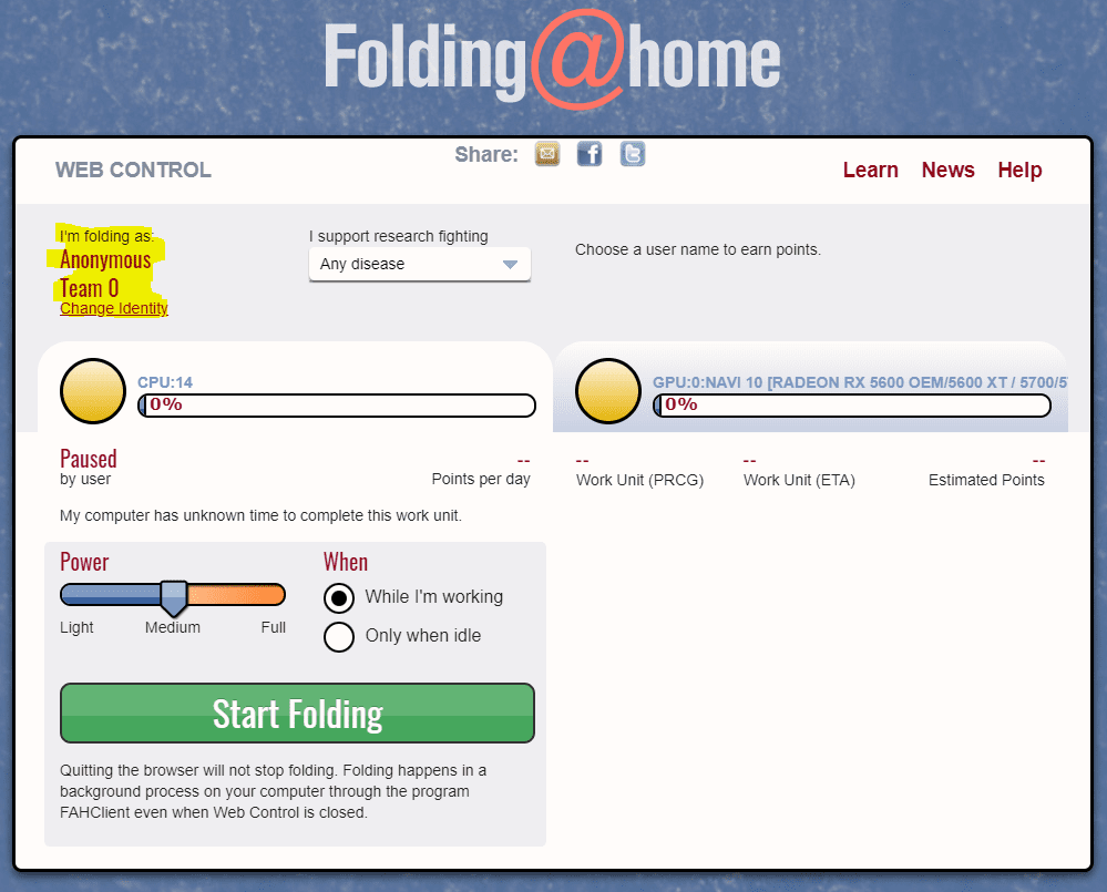 changing identity settings in folding@home