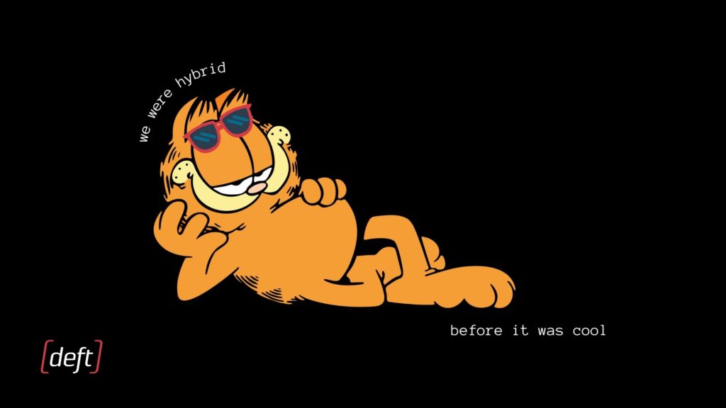 Garfield the cat lying down propped up on one arm and wearing sunglasses. Text says "we were hybrid before it was cool."